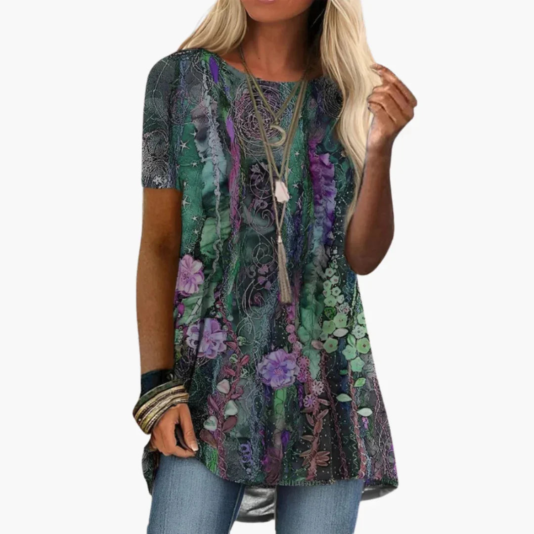 Floral Blouse for Women - Short Sleeve, Multicolored, Elegant