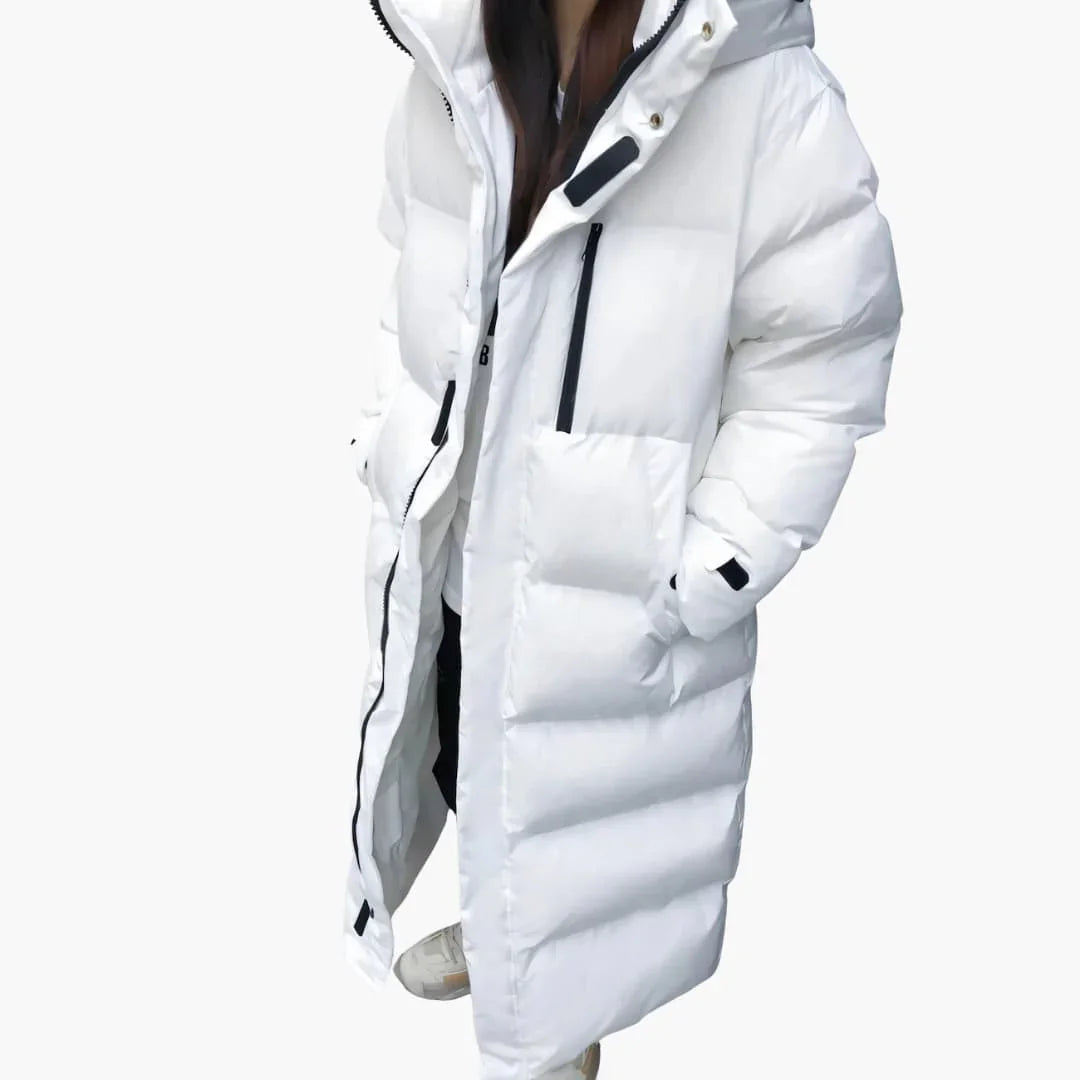 Women's Long Down Coat with Hood and Concealed Closure
