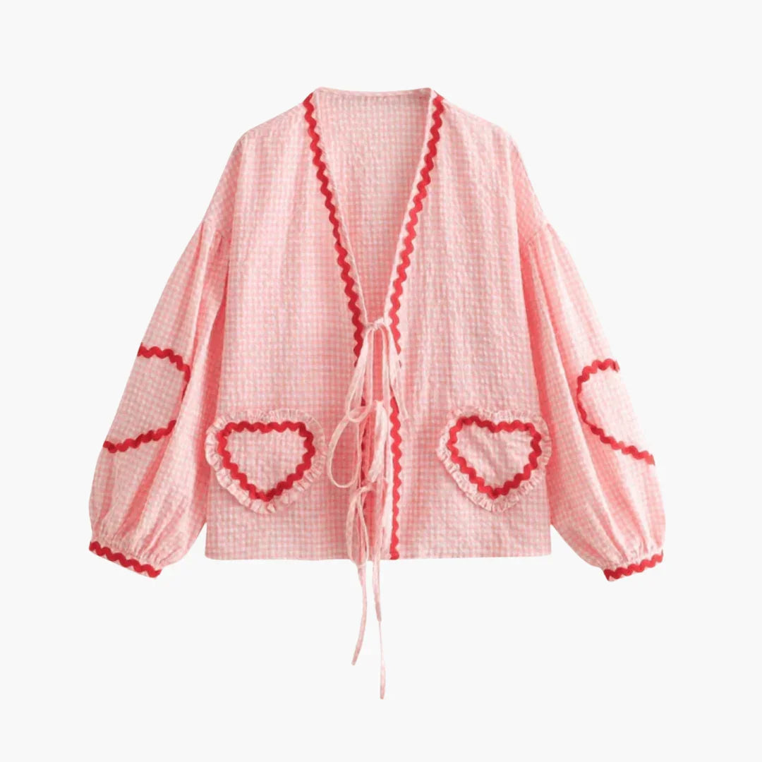 Women's Gingham Blouse with Heart Pockets  Summer Blouse