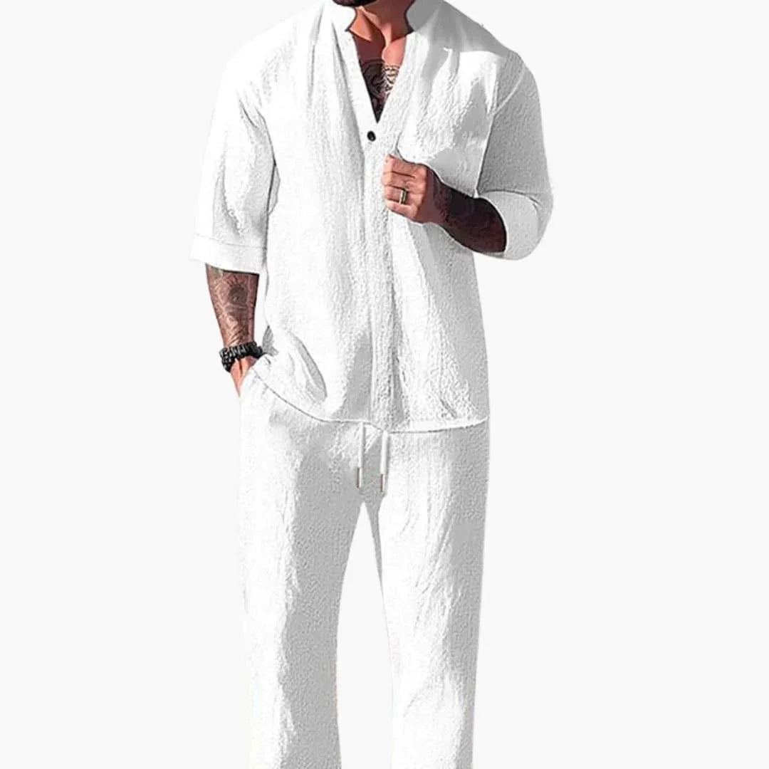 Bavane | Men's Summer Two-Piece Set with Drawstring Pants and Long Sleeve Shirt