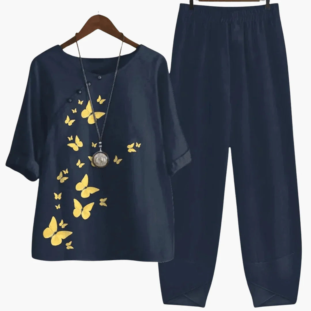Women's Set with Floral Pattern - Top and Pants for Summer