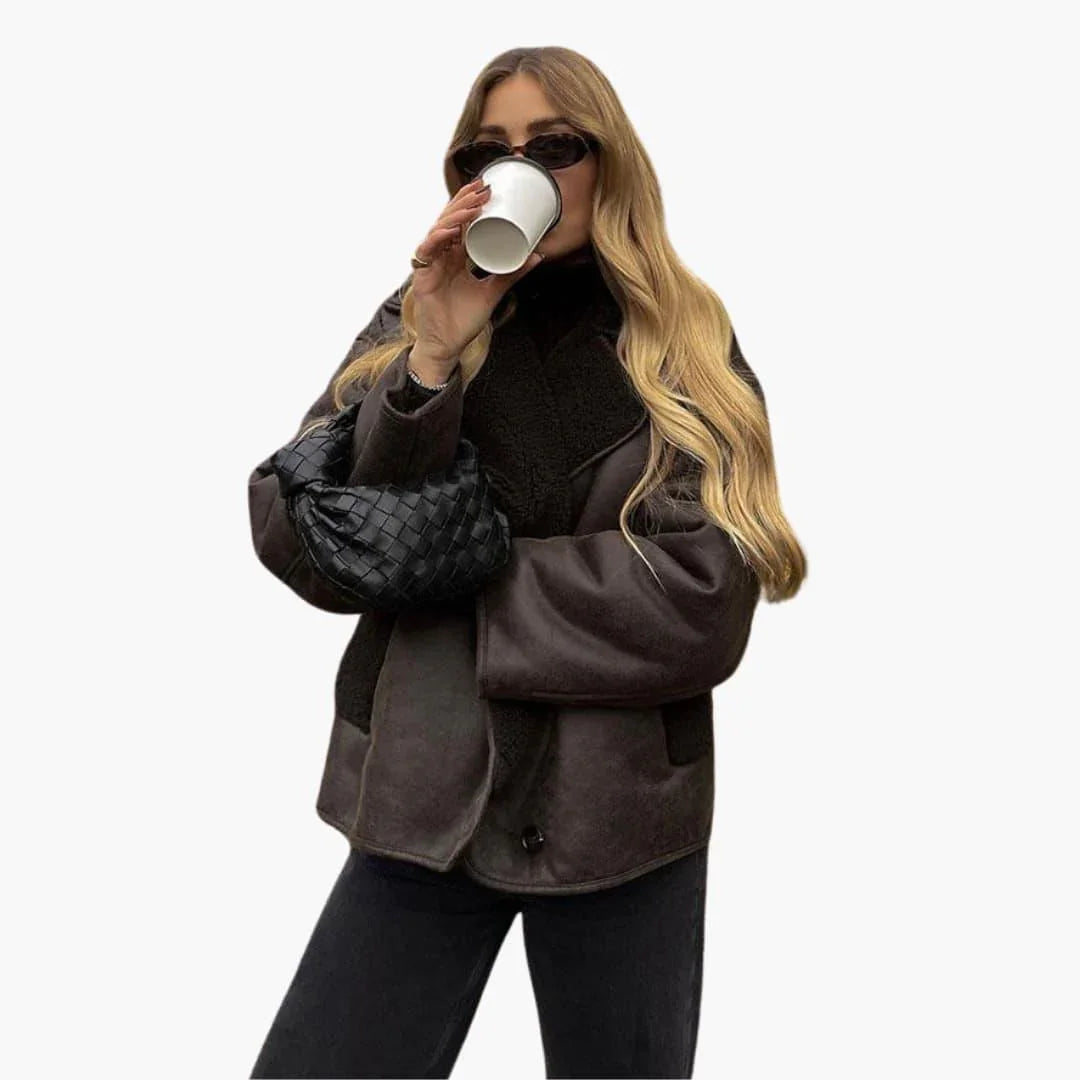 Elegant Women's Leather Jacket in Brown  Warm and Long-Sleeved