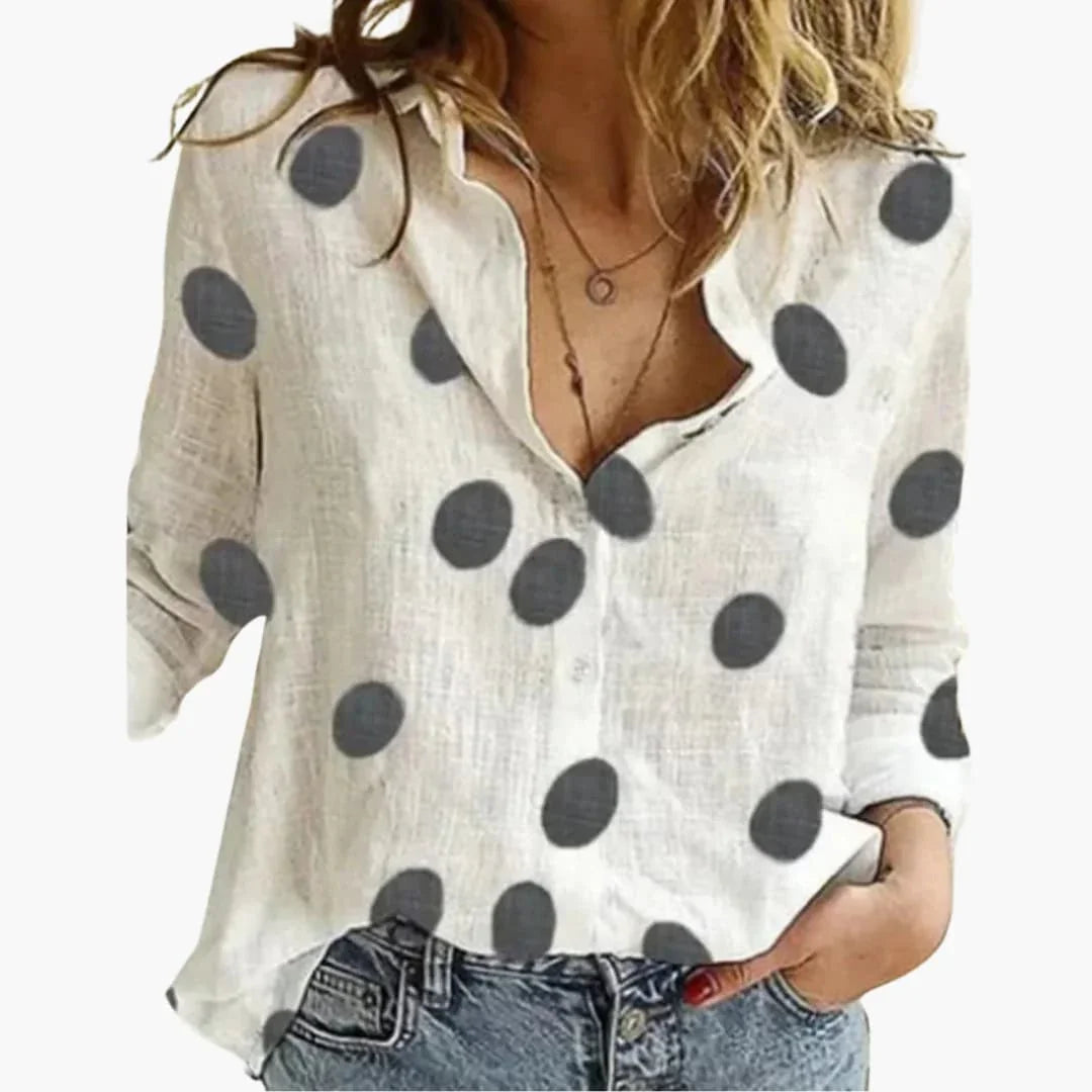 Bavane | Long Sleeve Women's Blouse - Vintage Style with Large Dots