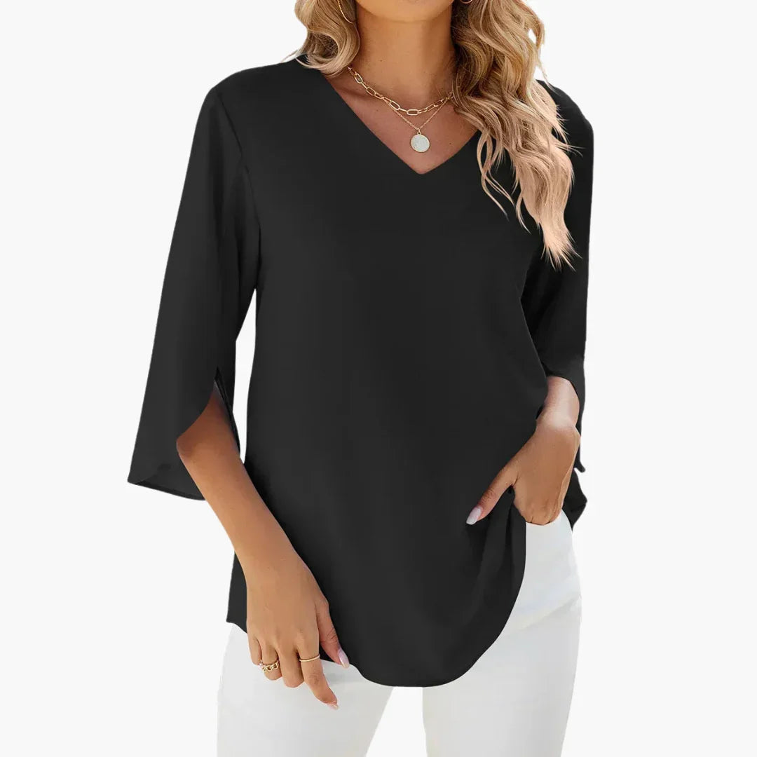Ladies' Blouse - Loose V-Neck Top with 3/4 Sleeves