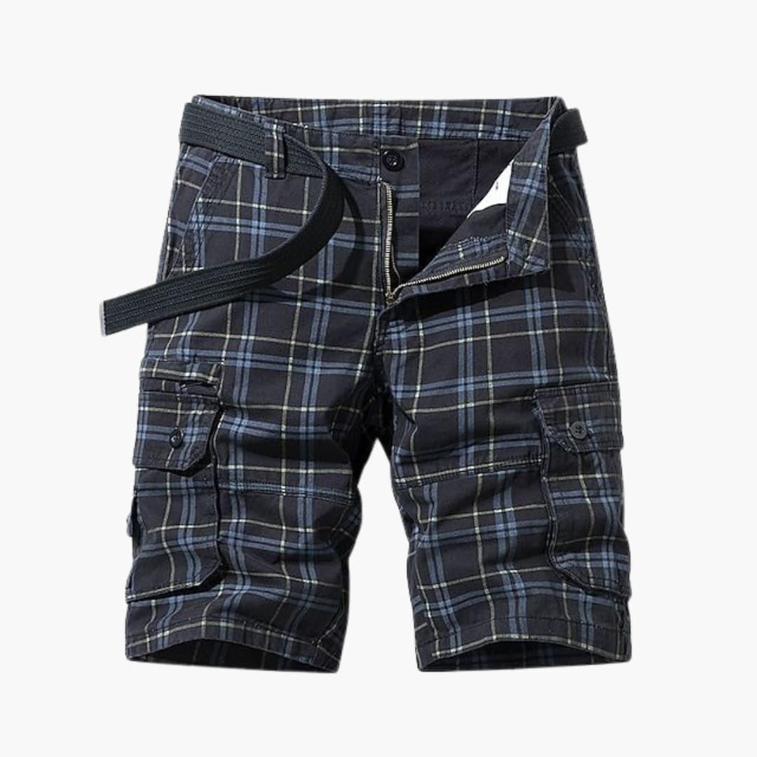 Men's Cargo Shorts with Check Pattern and Fabric Belt