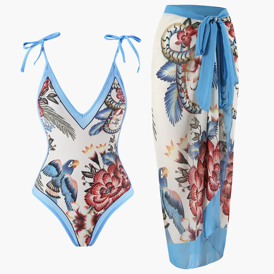 Women's Swimsuit Set - with Floral Pattern and Pareo Cover-up