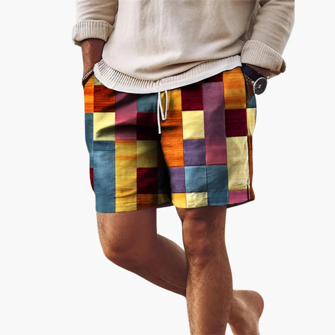 Men's Swim Shorts with Elastic Waistband and Multicolored Block Pattern