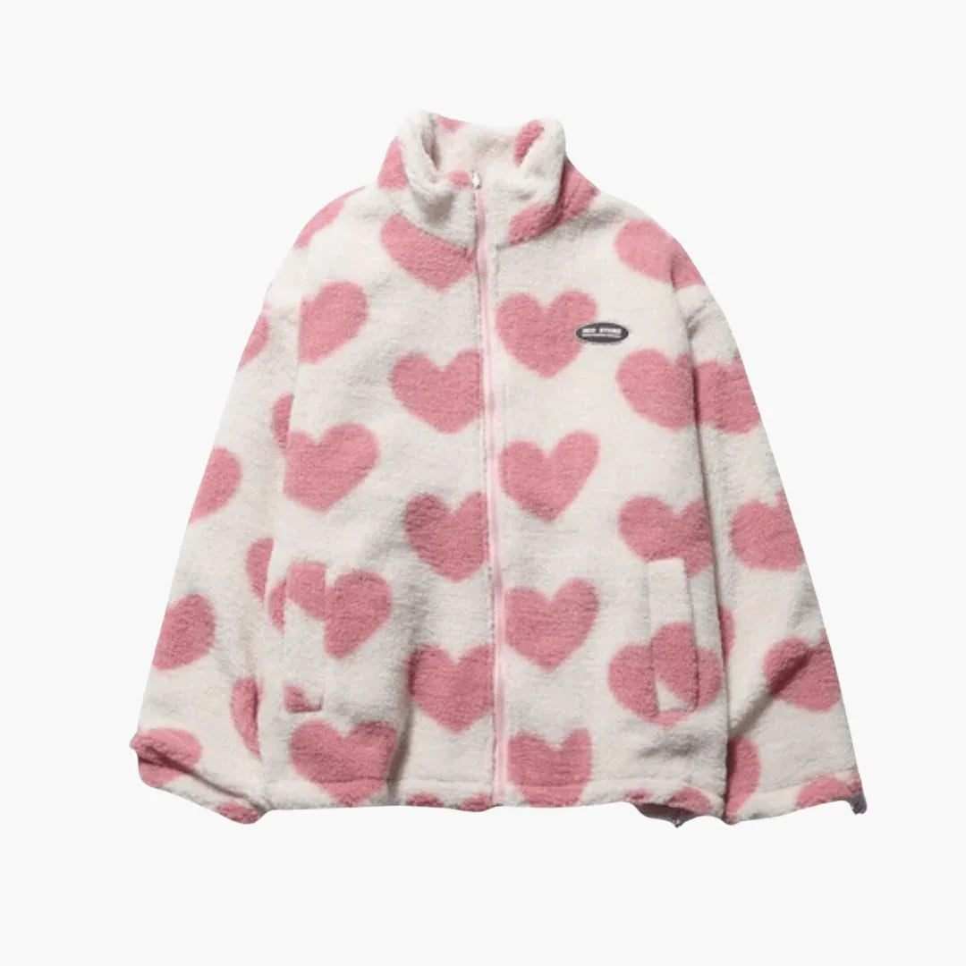 Reversible Women's Coat with Heart Pattern and Cozy Fleece