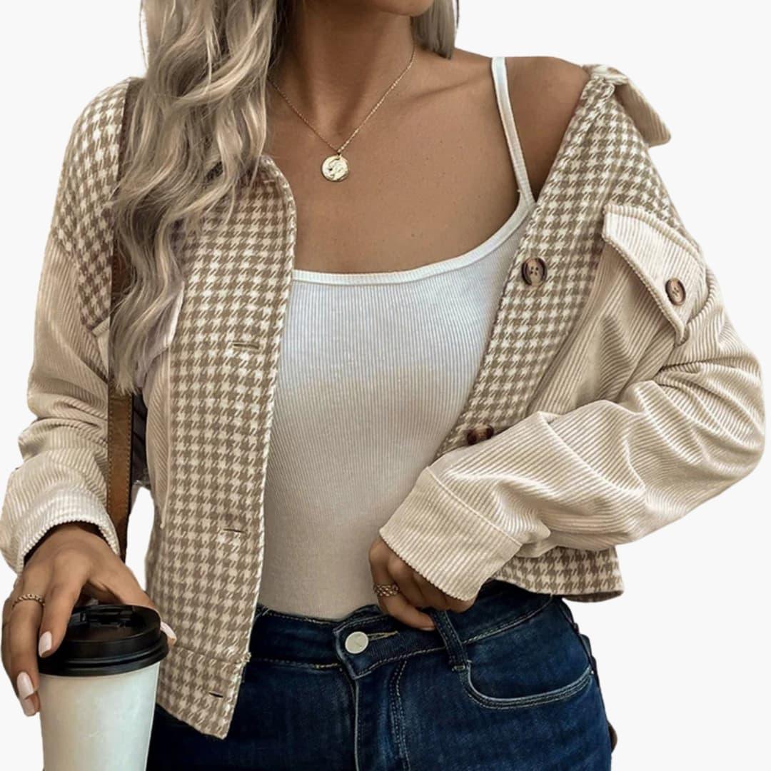 Women's Cord Jacket with Houndstooth Pattern and Button Details