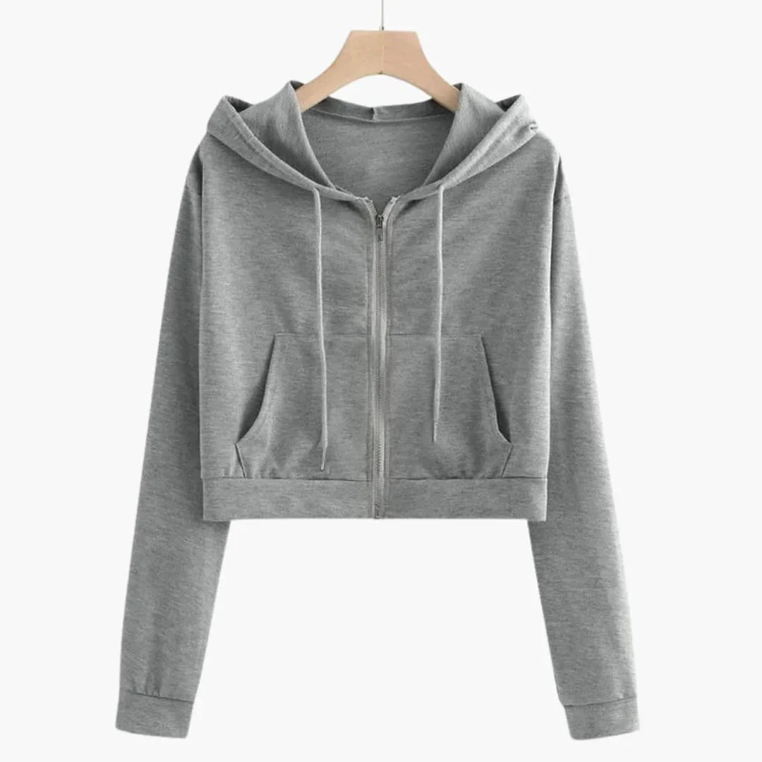 Women's Cropped Hooded Jacket with Zipper and Drawstring