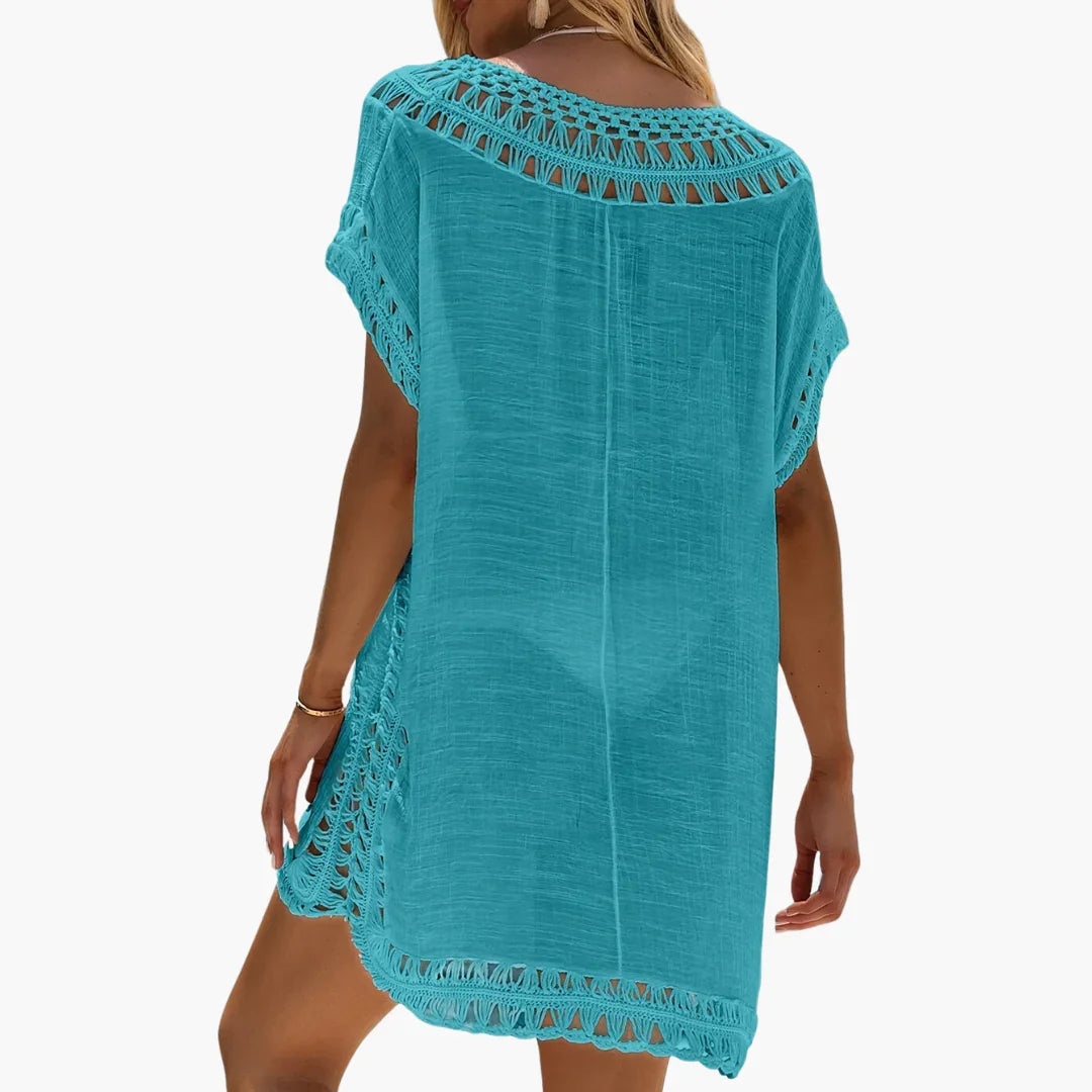 Crochet Beach Dress with V-Neck - Women's Summer Cover-up