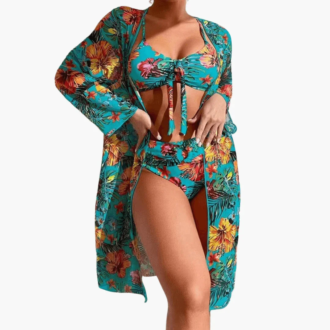 Bikini Set with Floral Pattern for Women - Includes Cover-Up