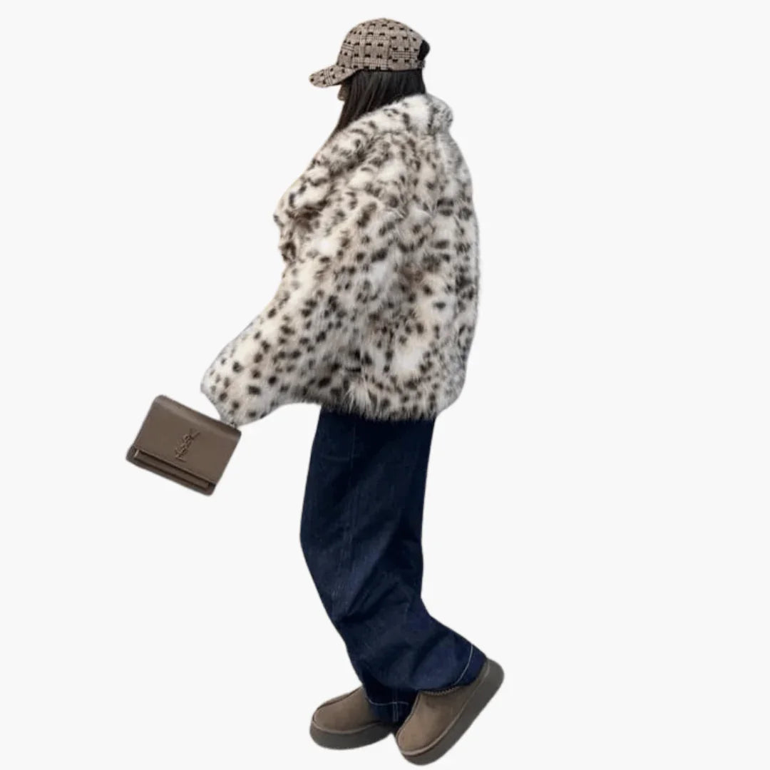 Women's Faux Fur Coat with Leopard Print  Chic & Warm