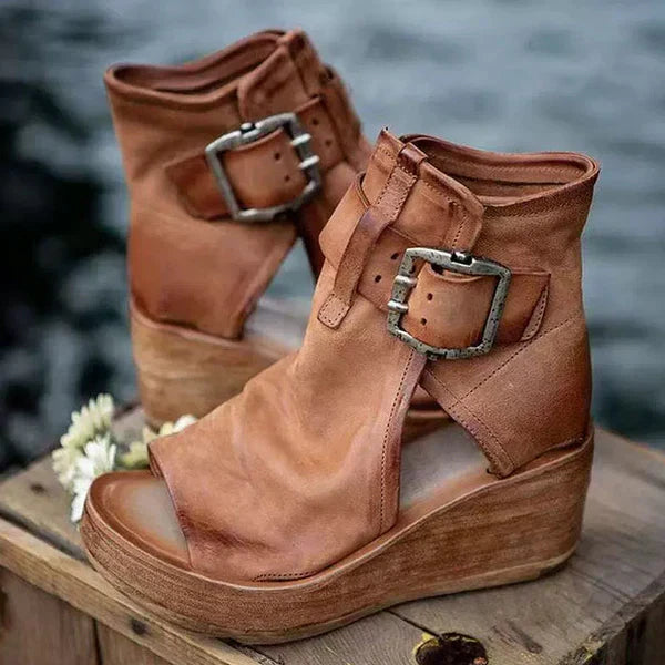 Womens Orthopedic Sandals with Wedge Sole and Buckle Closure