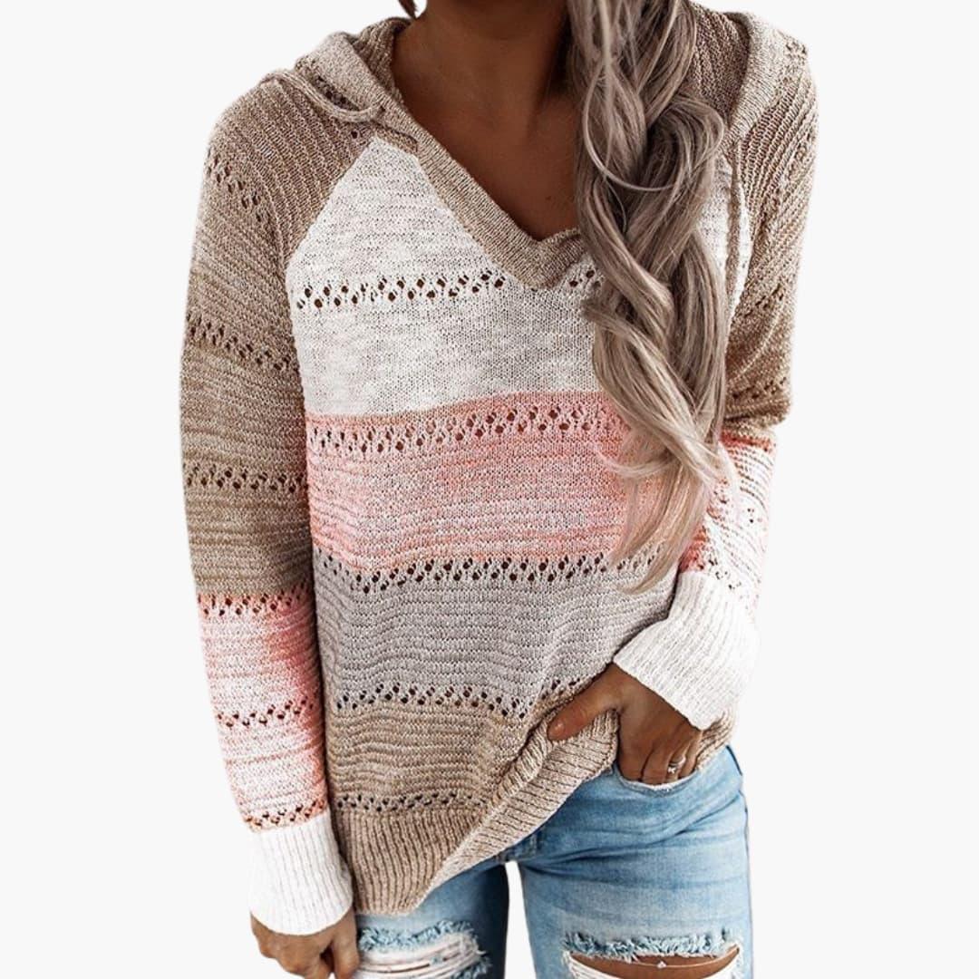 Women's Hooded Sweater with V-Neck and Striped Surface