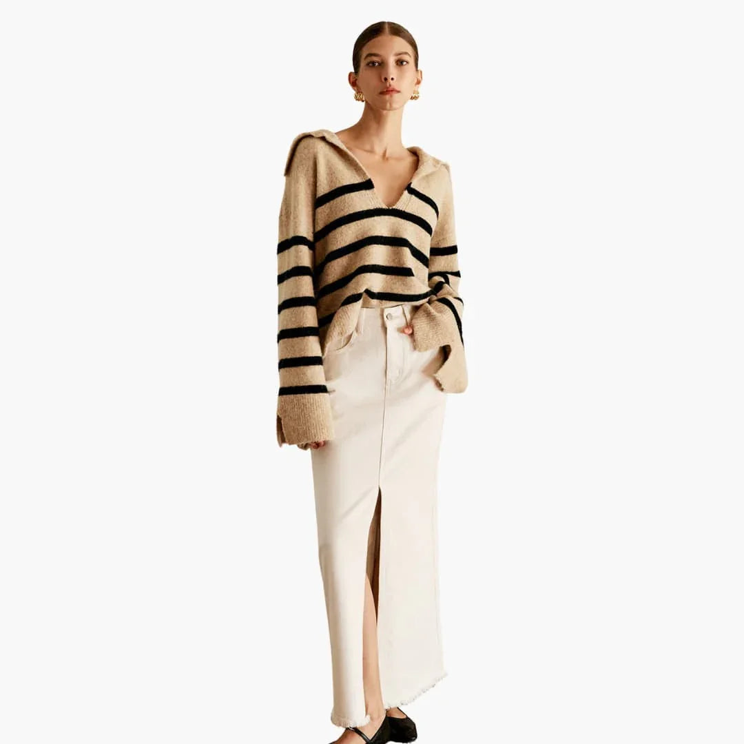 Women's sweater with V-neck and striped surface