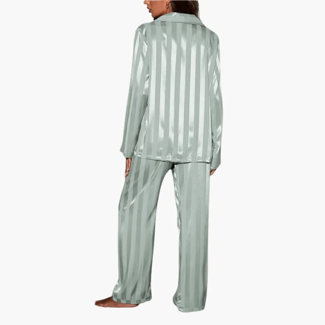 Women's Satin Pajama Set with Button Top and Striped Design