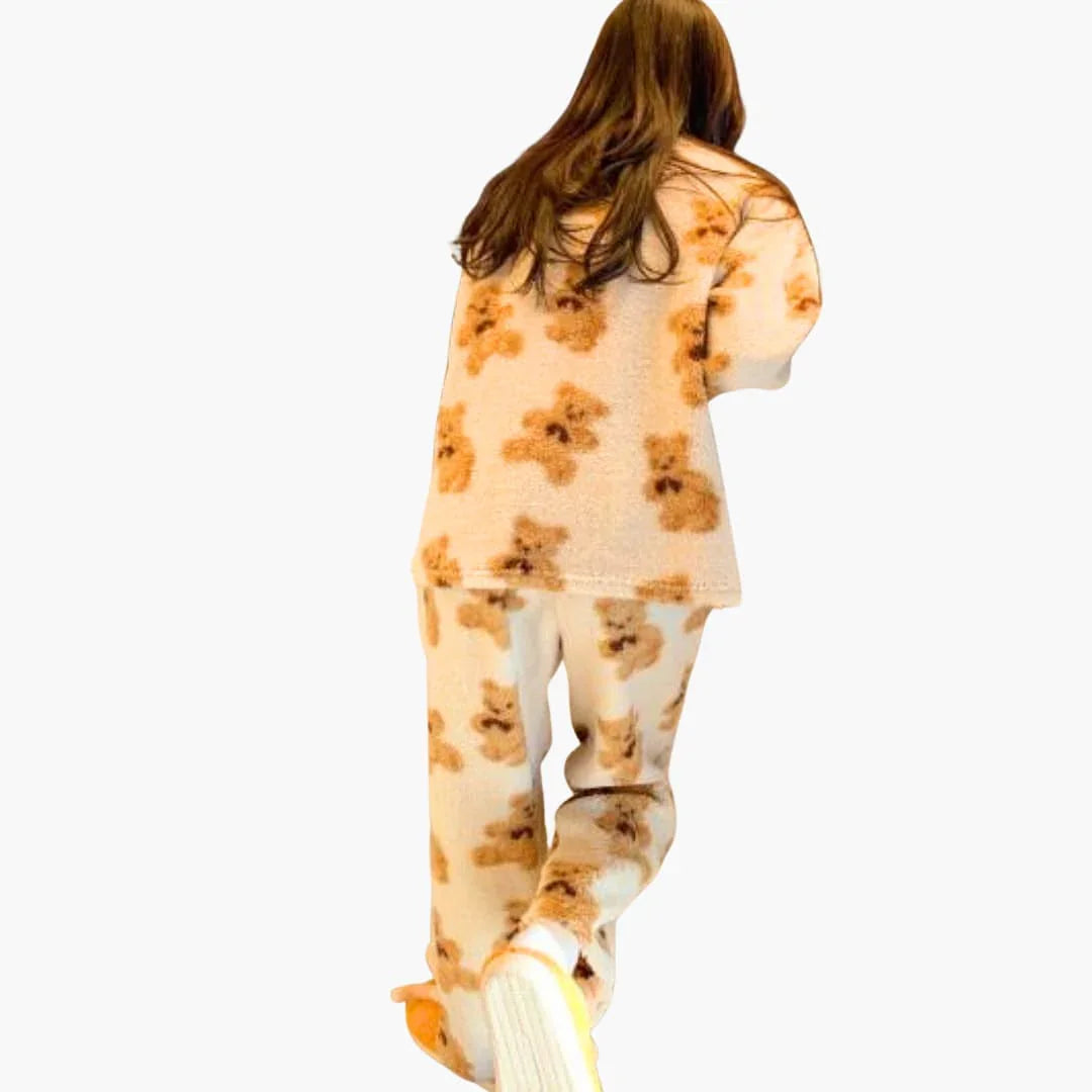 Women's Fleece Pajama Set with Bear Print and Elastic Waistband