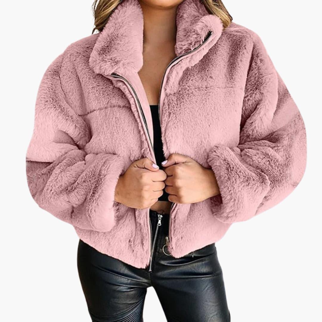 Women's Faux Fur Jacket with Zipper and Stand-Up Collar
