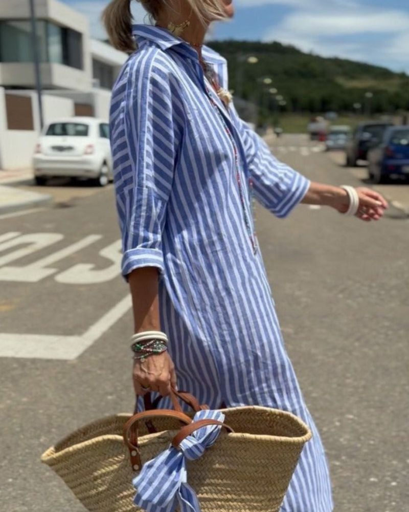 Women's Dress | Button Shirt Long Sleeve Stripe Midi