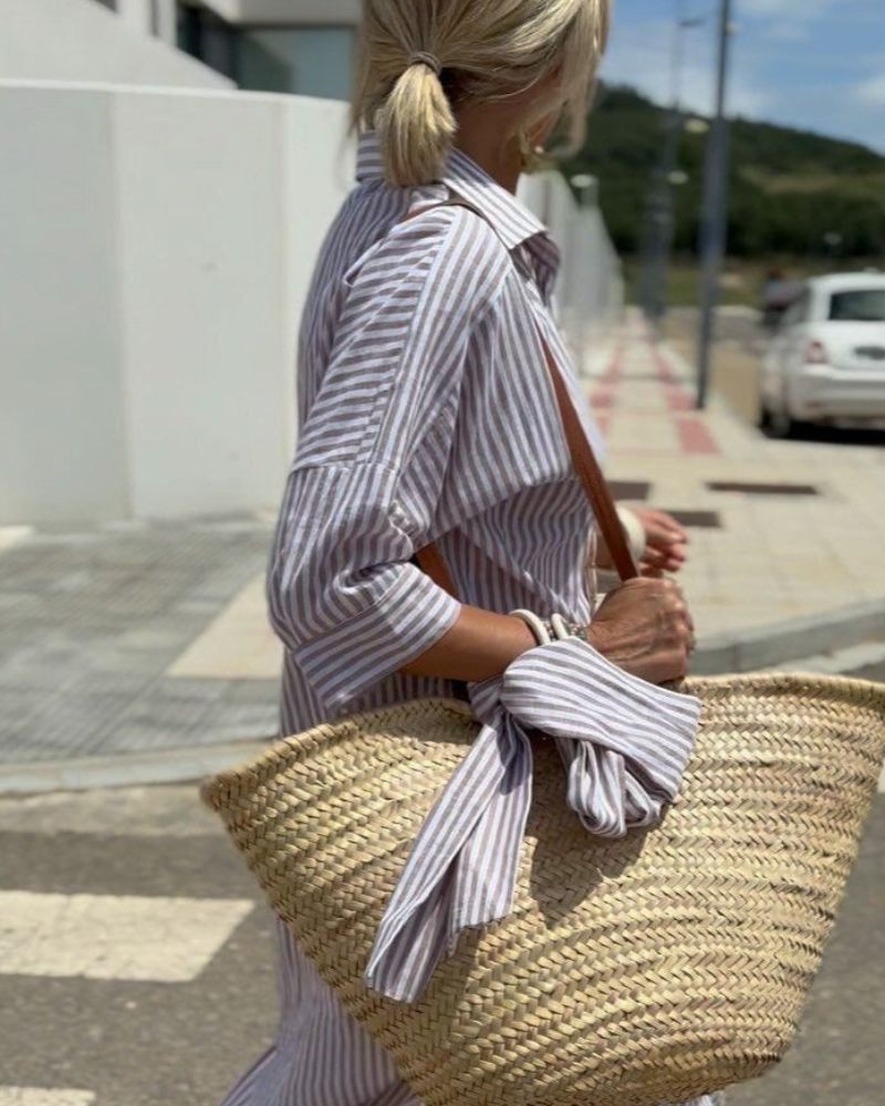 Women's Dress | Button Shirt Long Sleeve Stripe Midi