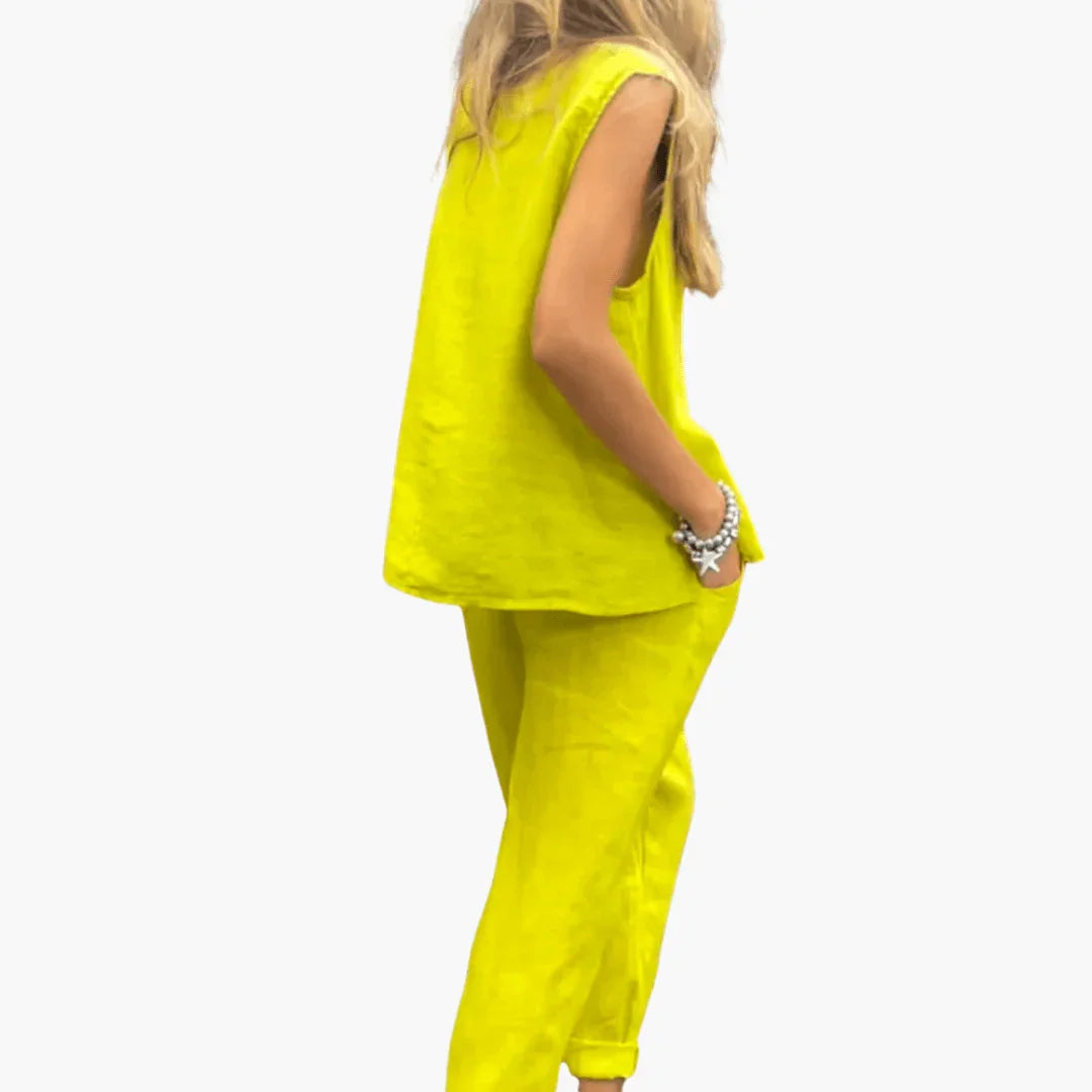 Casual Linen Two-Piece Set for Women - Top & Pants