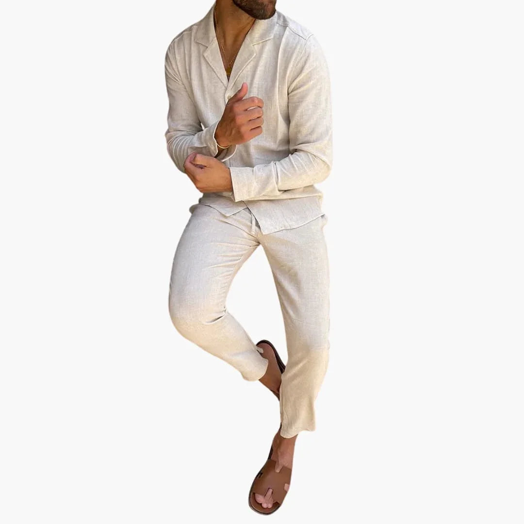 Men's Two-Piece Set with Long Sleeve Shirt and Pants for Spring Summer