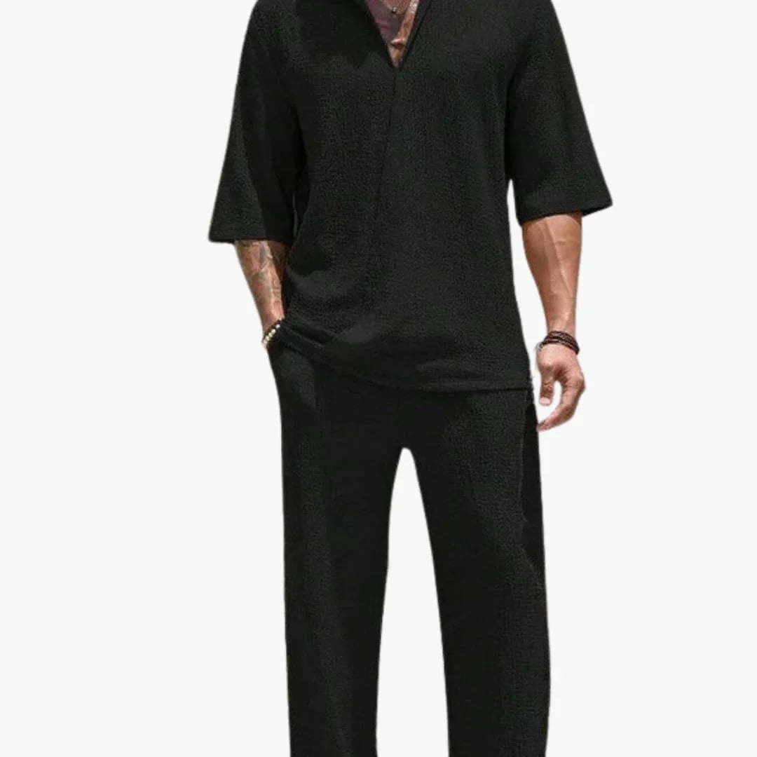 Men's Summer Set with Short Sleeve Shirt and Elastic Pants