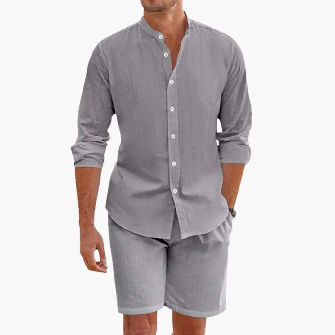 Men's Summer Two-Piece Linen Blend Set with Shirt and Shorts