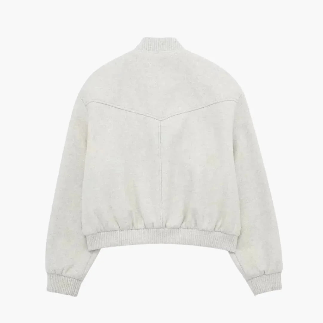 Women's Cropped Bomber Jacket with Button Closure and Side Pockets