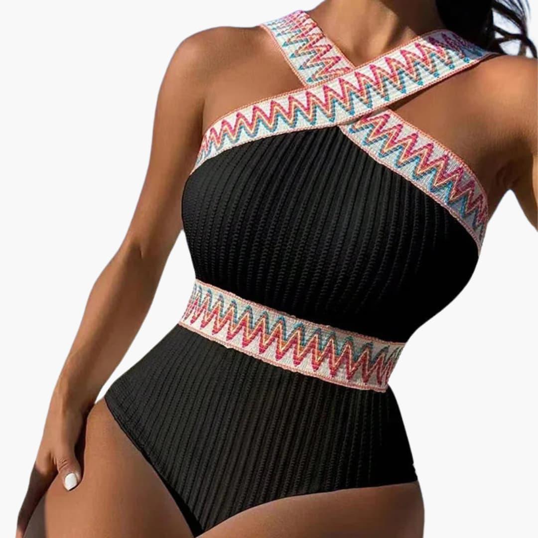 Elegant Women's Swimsuit - with Texture and Decorative Stripes