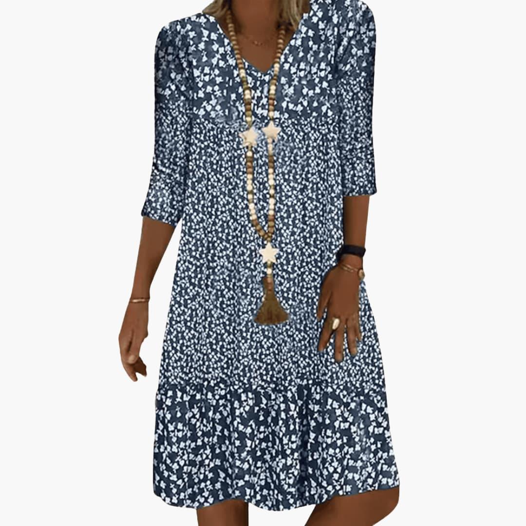 Bavane | Midi Dress for Women - Loose Fit, Floral Pattern & V-Neck