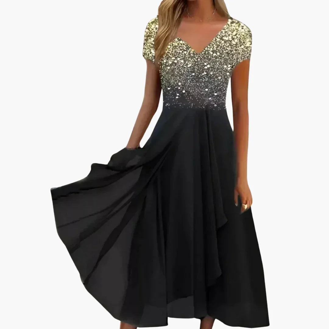 Midi Dress for Women - Elegant with Sequins & Chiffon Skirt