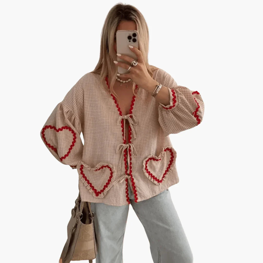Women's Gingham Blouse with Heart Pockets  Summer Blouse