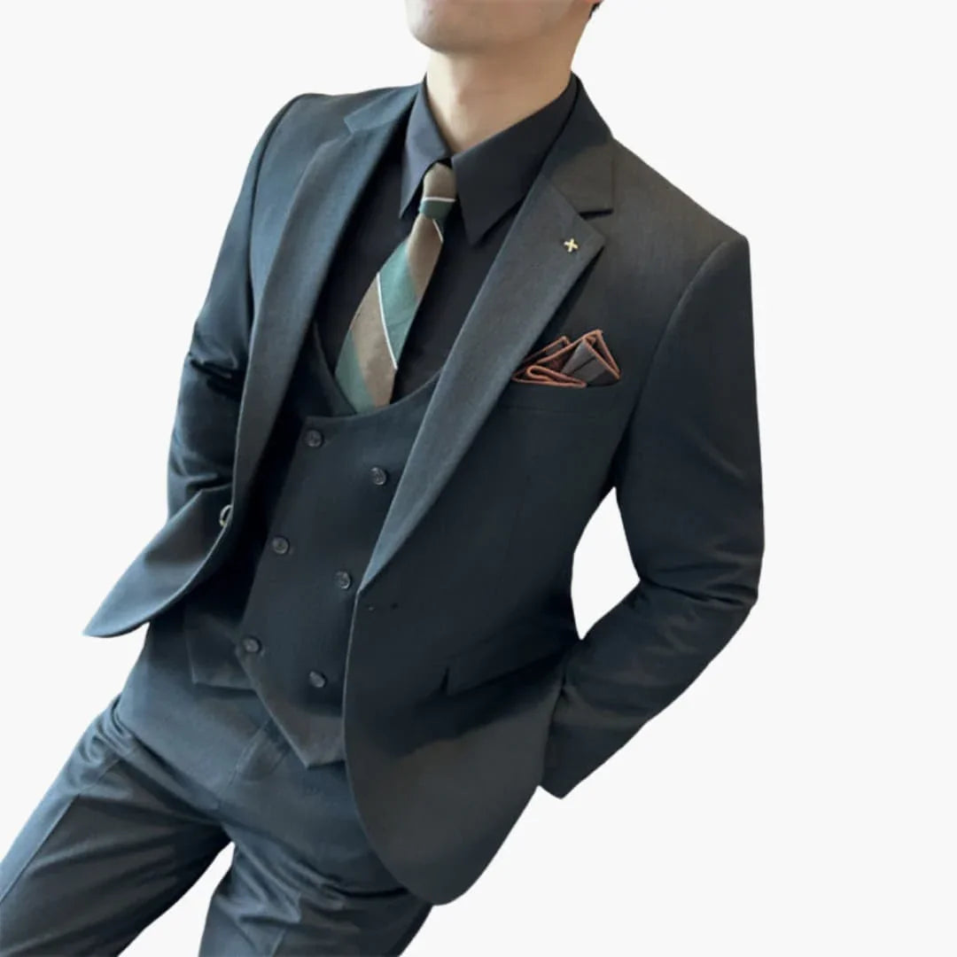 Three-Piece Men's Suit with Button Closure and Notch Lapel