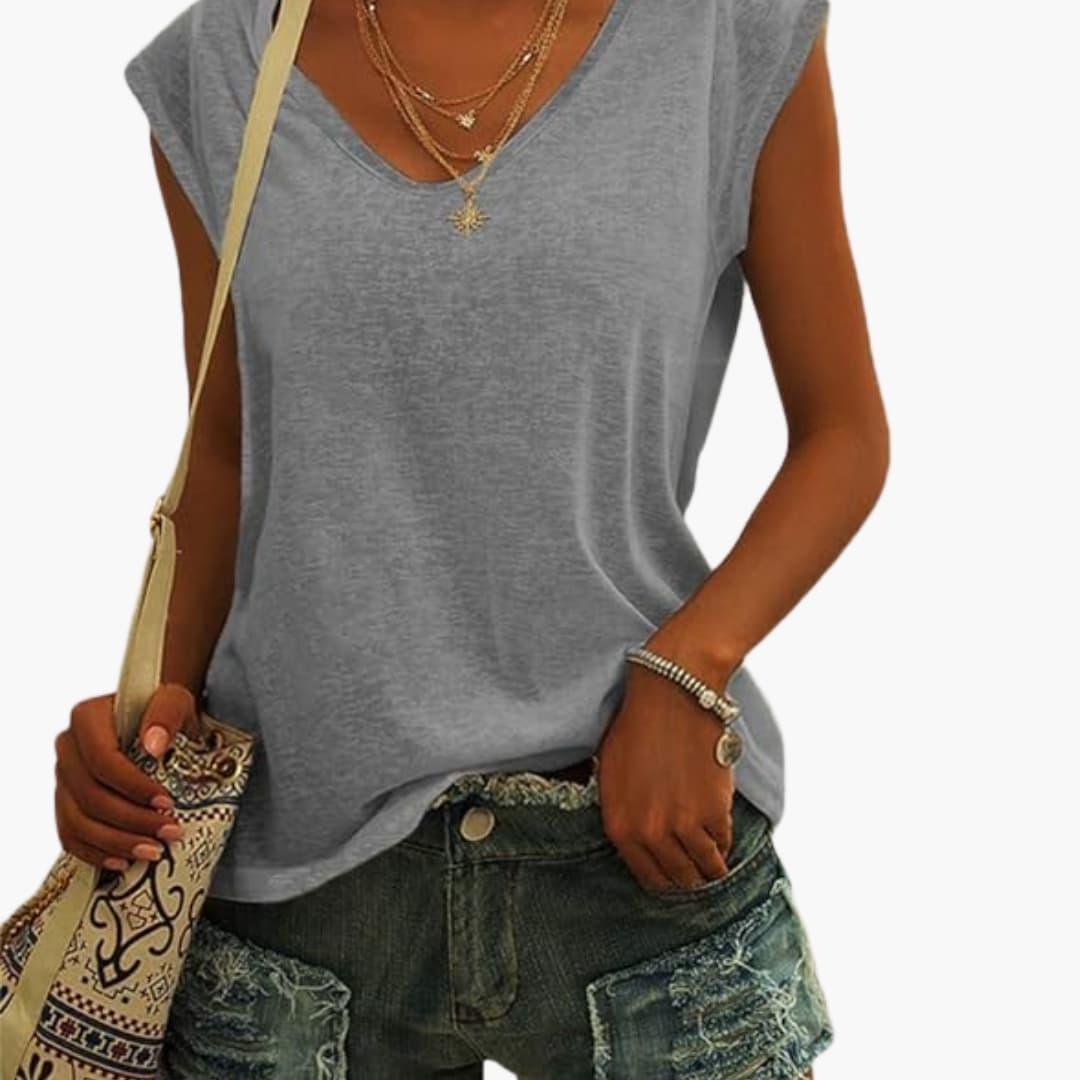 Womens V-Neck Top with Cap Sleeves and Stretch Material