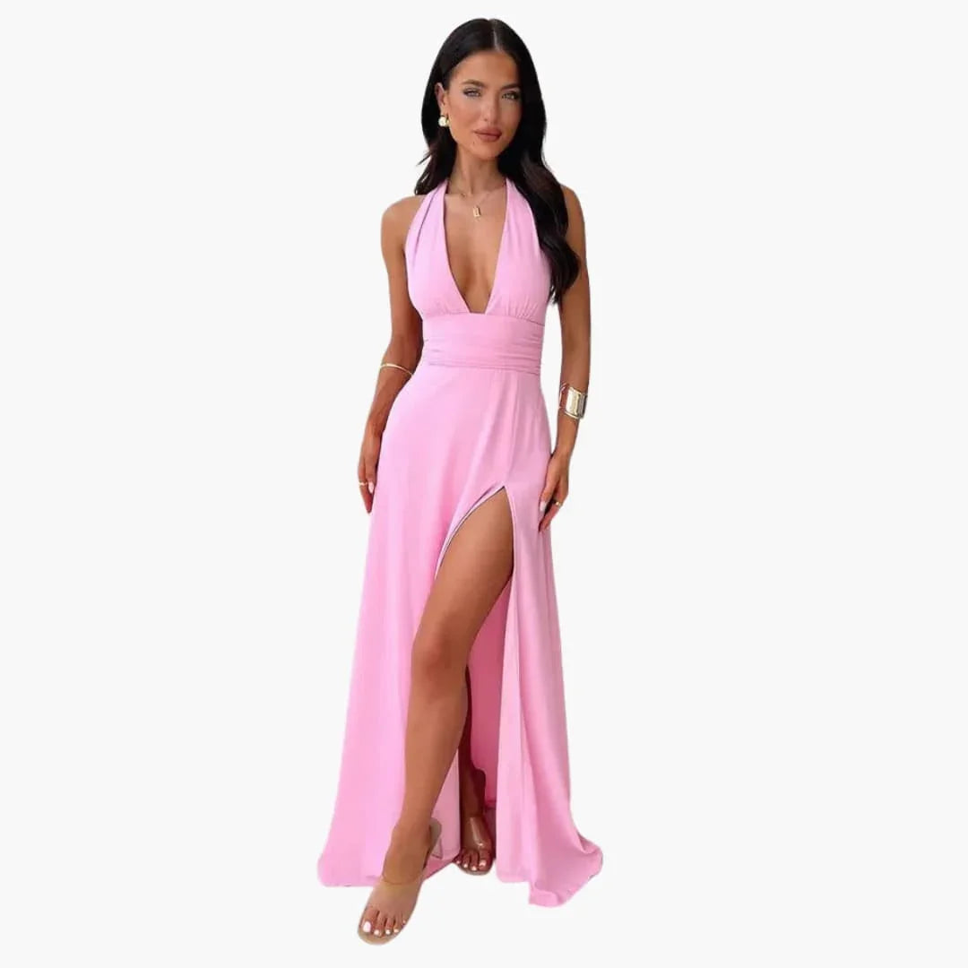 Bavane | Maxi Dress with Slit - Elegant Women's Evening Dress Halter Neck