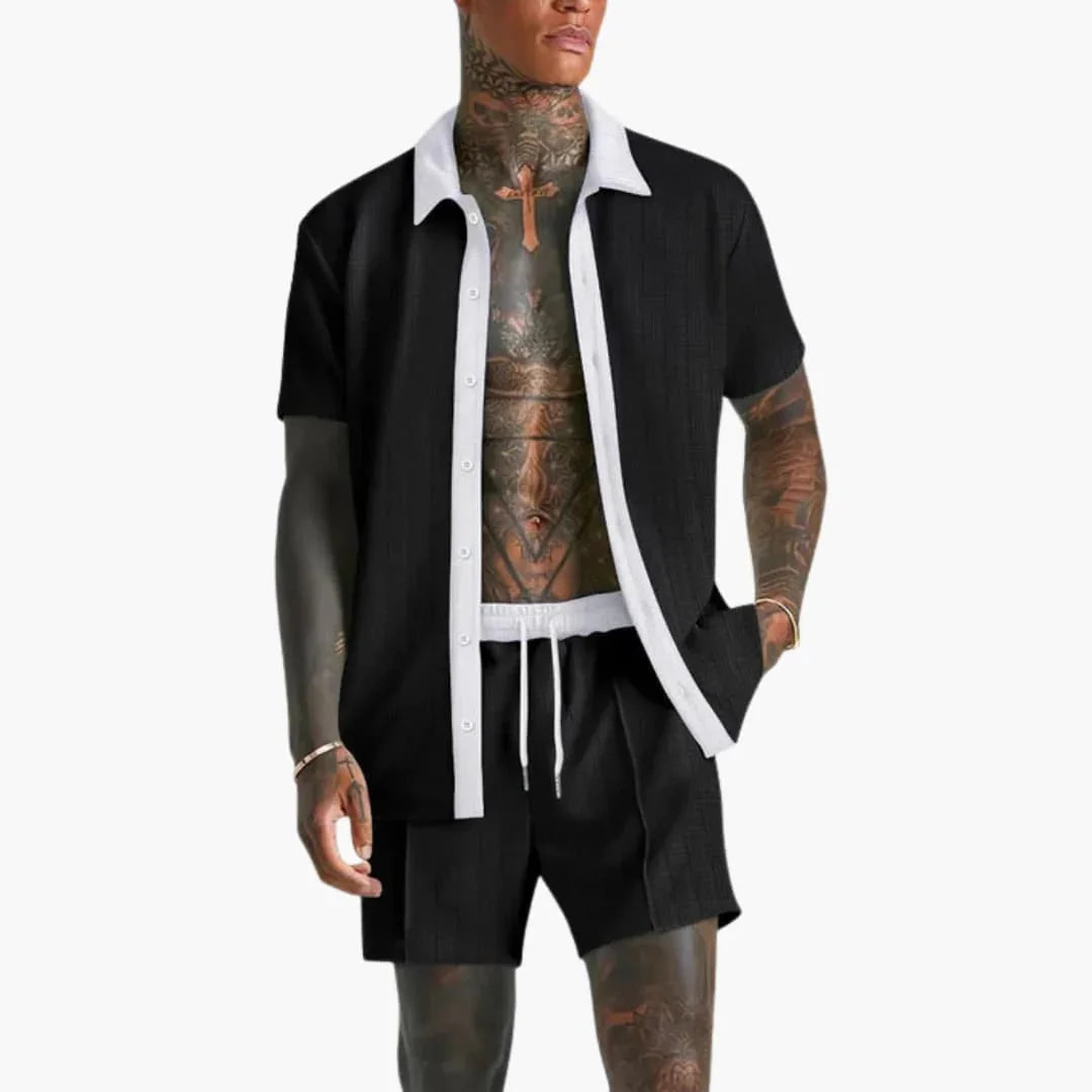 Men's Summer Set with Short Sleeve Shirt and Drawstring Shorts