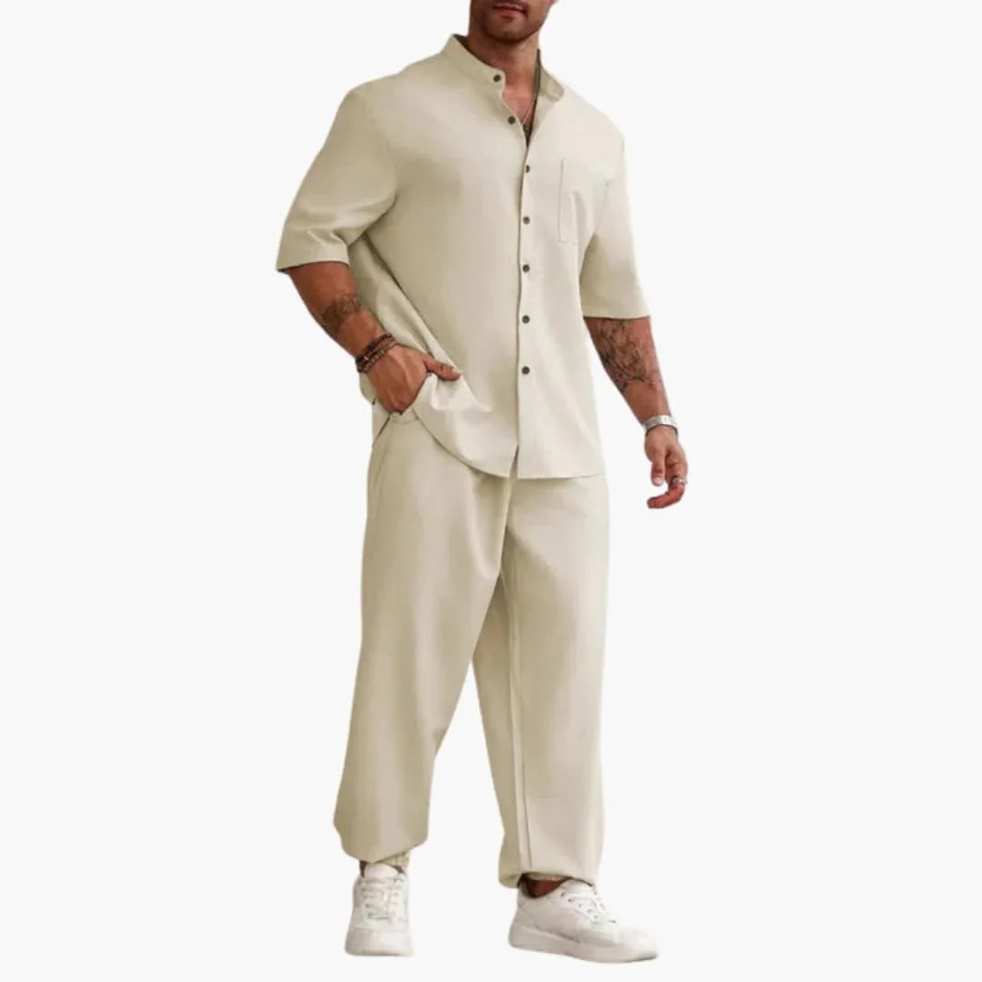 Men's Set with Short Sleeve Shirt and Long Pants for Summer