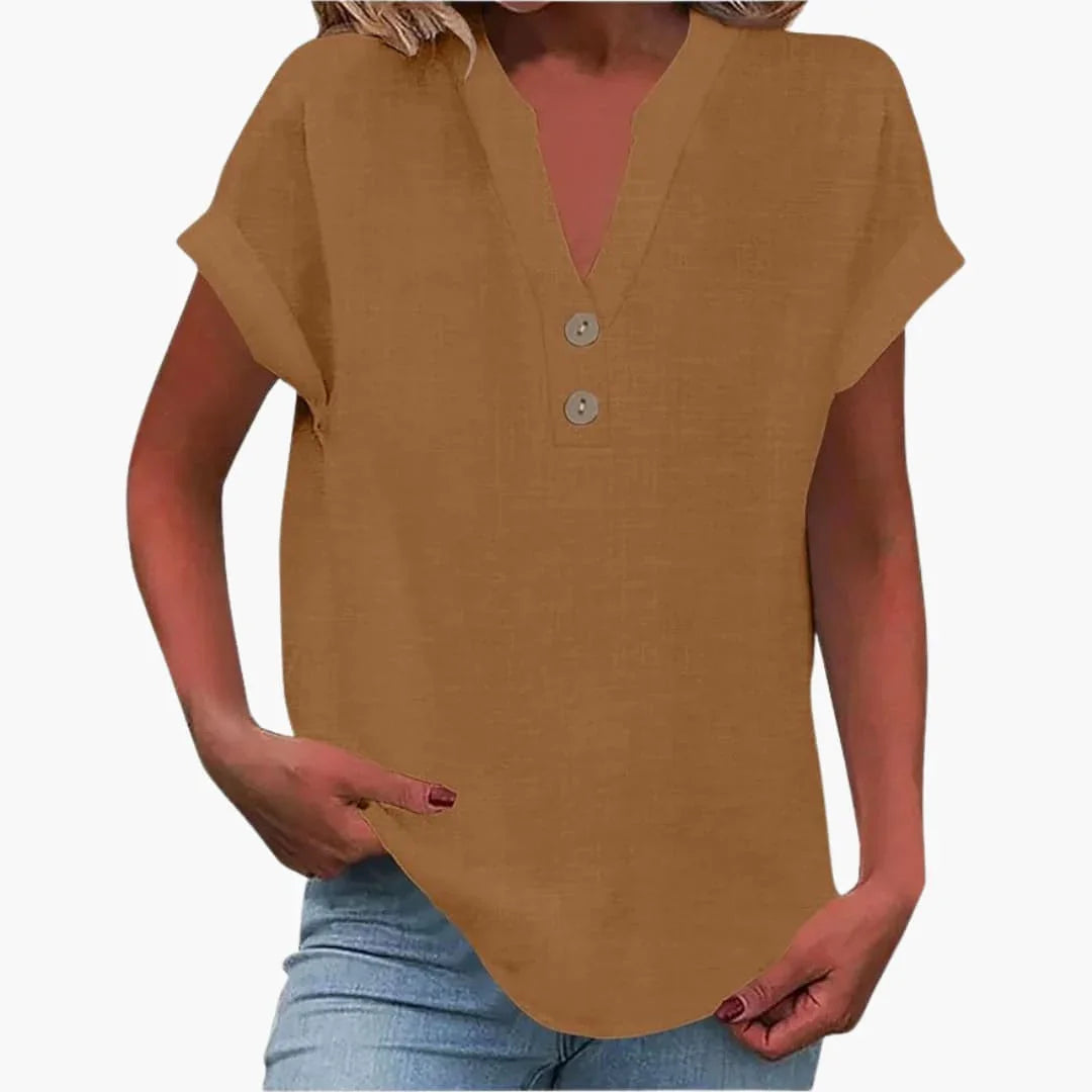 Women's Short Sleeve Shirt with V-Neck and Loose Fit