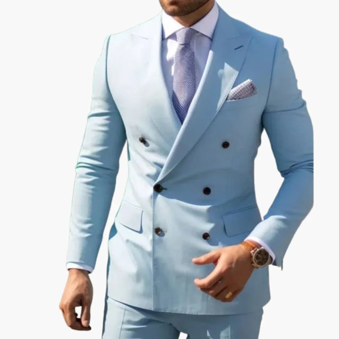 Two-Piece Men's Suit with Double-Breasted Jacket and Peak Lapel
