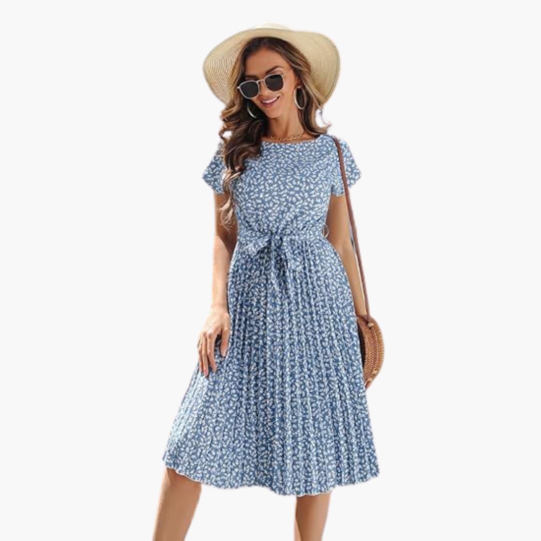 Summer Dress for Women - Floral Dress with Belt and Short Sleeves