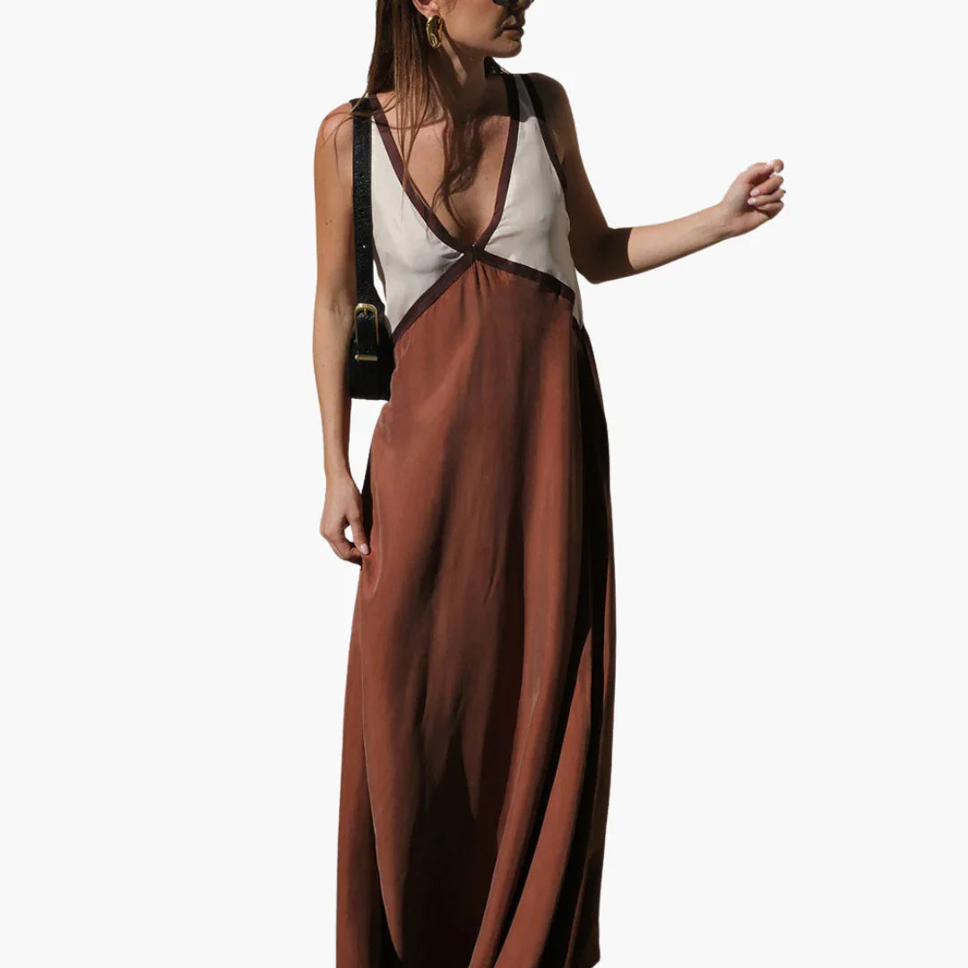 Light V-Neck Maxi Dress for Women - Color Block Design