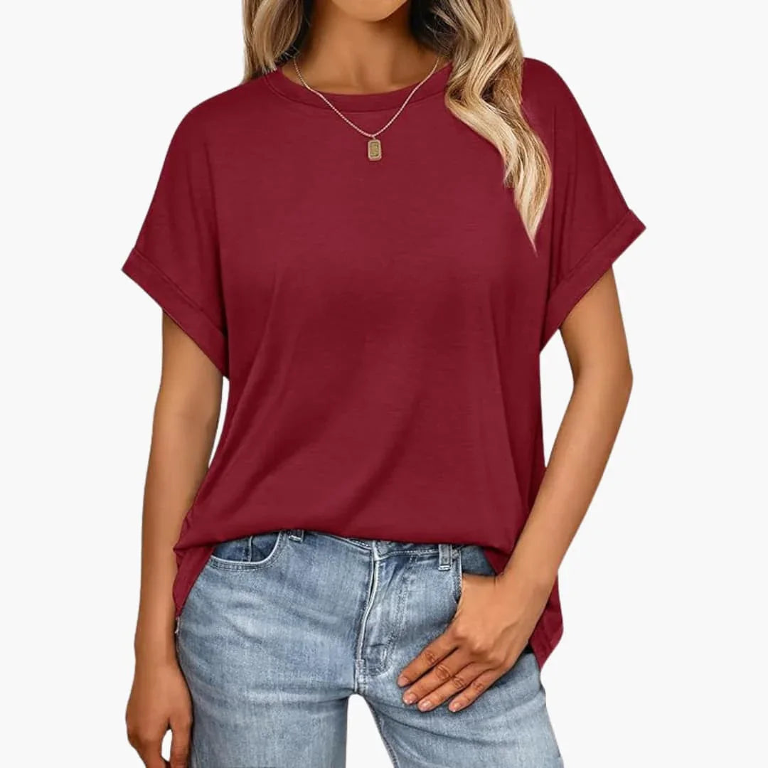 Women's Oversized T-Shirt with Round Neck and Cuffed Sleeves