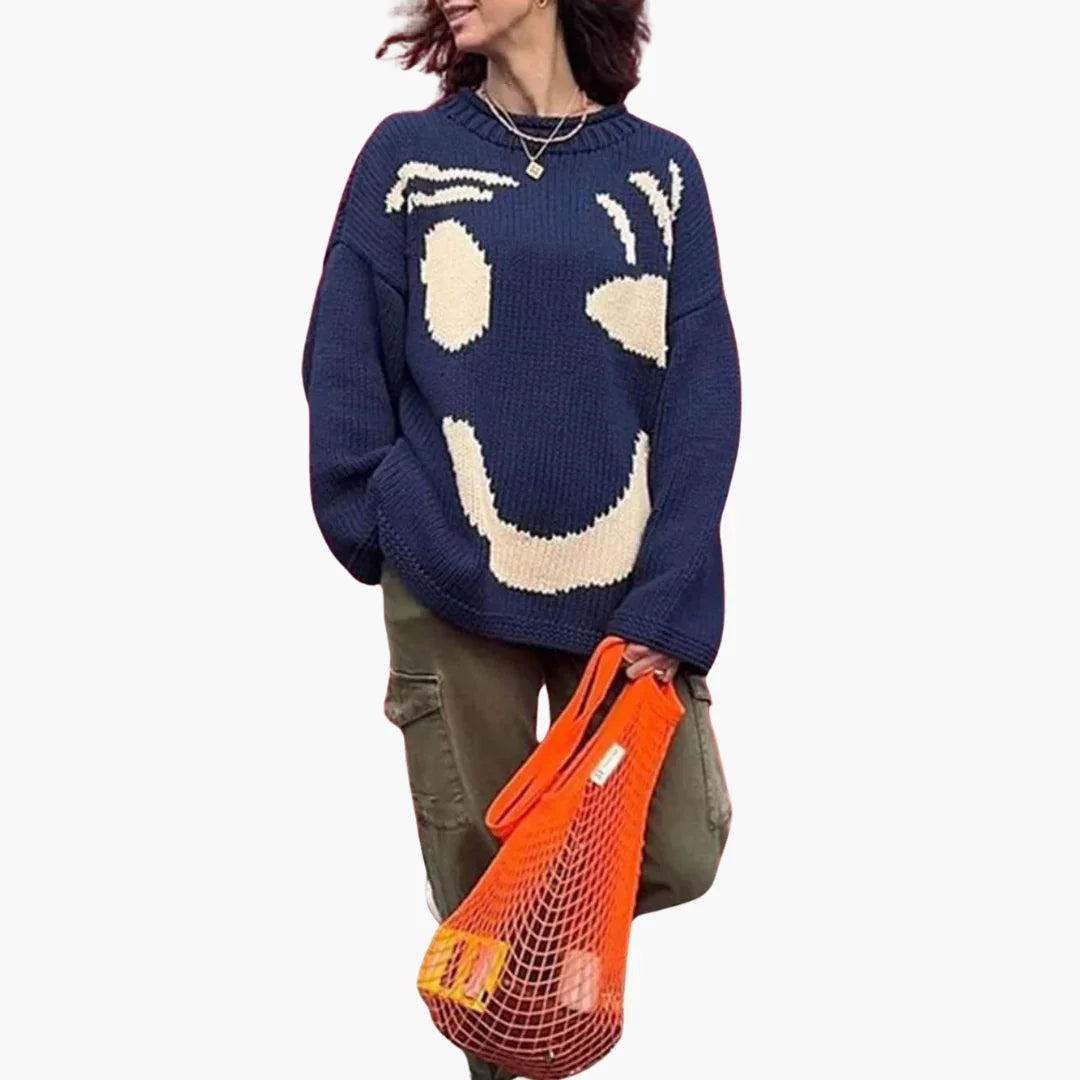 Knitted Sweater for Women - with Oversized Fit and Smiley Design
