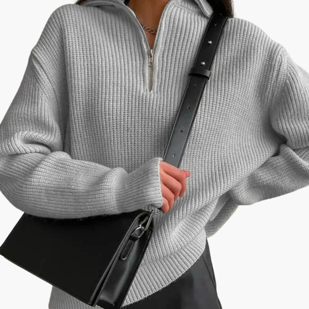 Women's Sweater with V-Neck and Zipper Detail