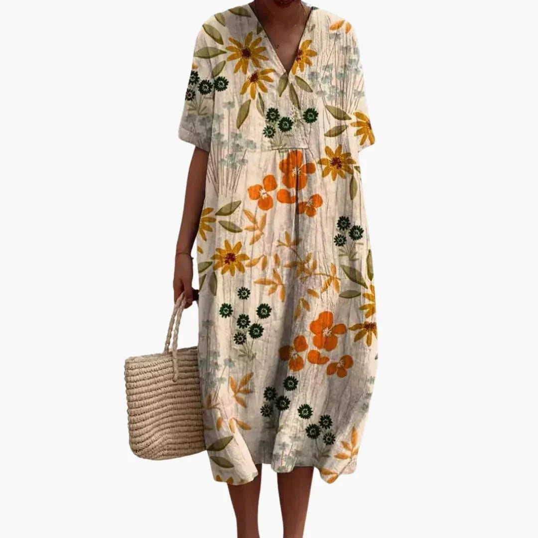 Women's Midi Dress with V-Neck and Short Sleeves