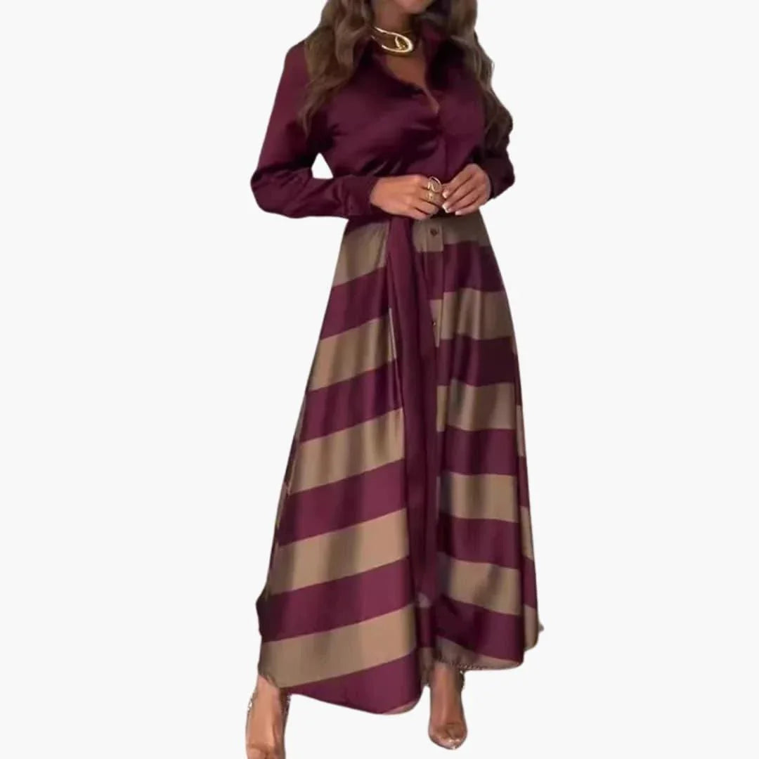 Striped Maxi Dress for Women - with Shirt Collar and Belt