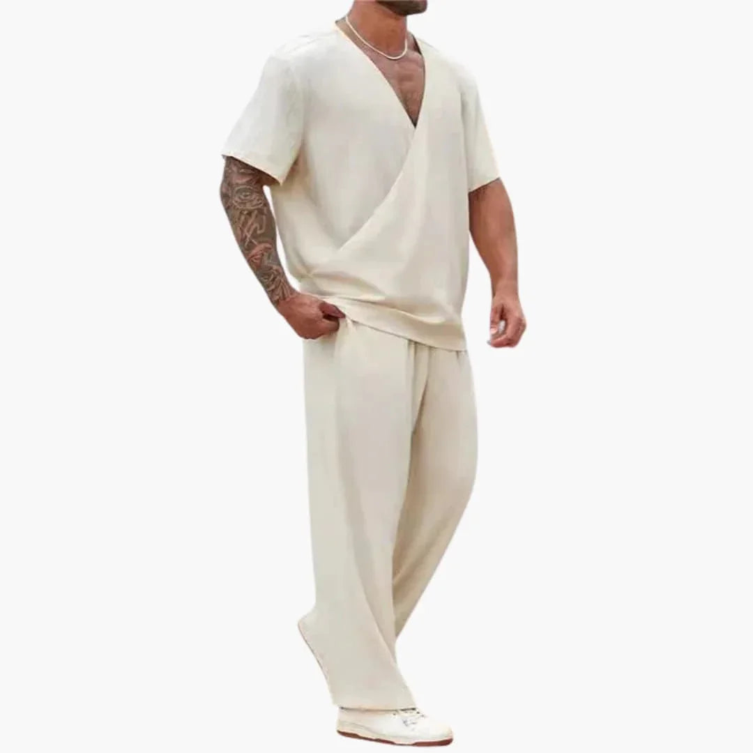 Men's Summer Two-Piece Set with V-Neck and Long Pants