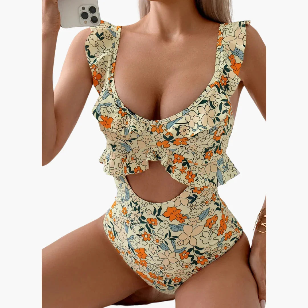 Women's Swimsuit - Floral One-Piece with Ruffles & Cut-Out